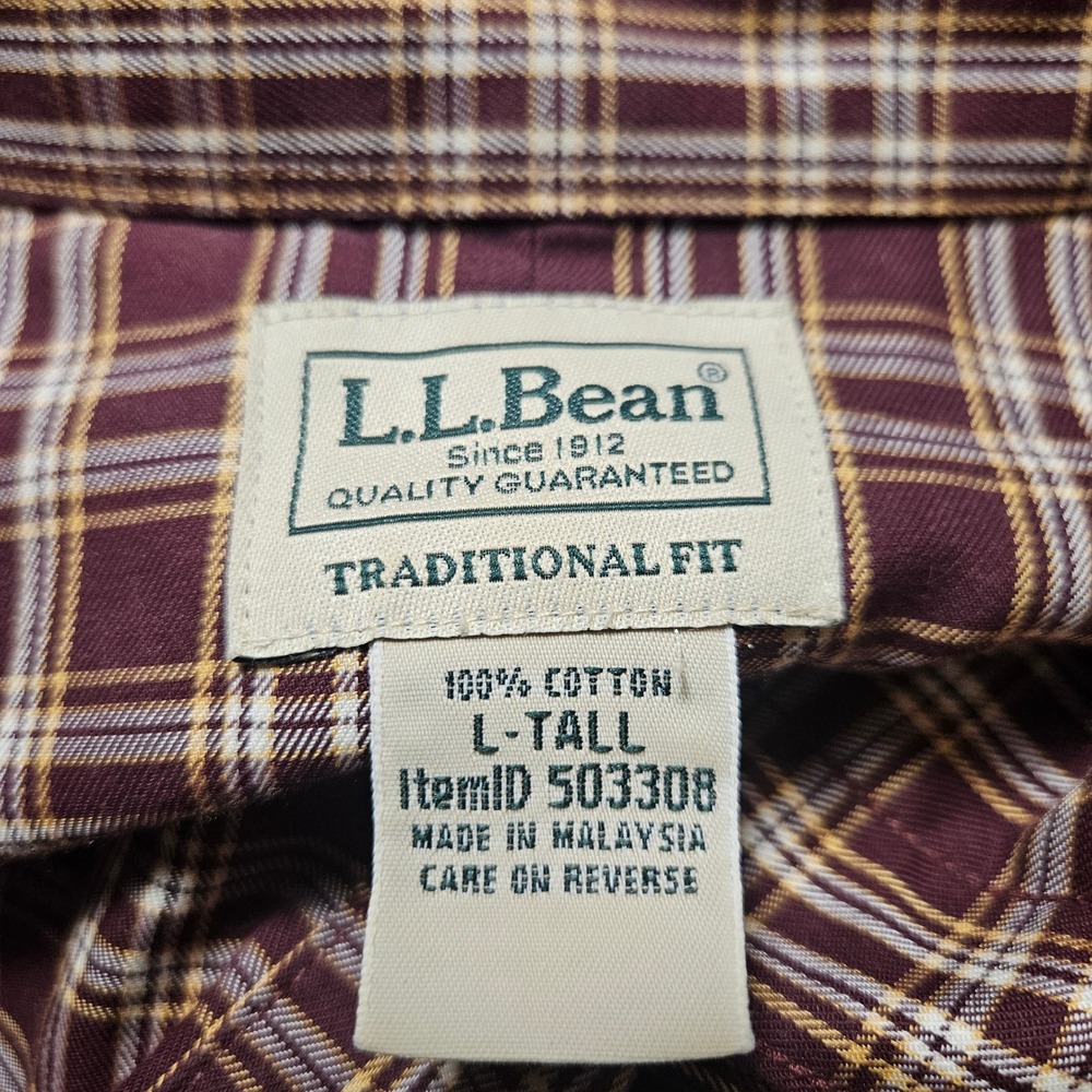 LL Bean Mens Plaid Long Sleeve Button Down Shirt L Tall Maroon Cotton Prep - Picture 3 of 7